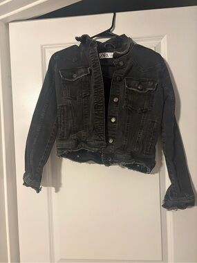 Zara Black Distressed cropped Denim Jacket